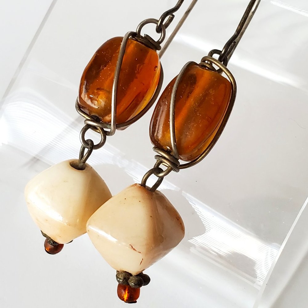BOHO Brown and Cream Caged Bead Handmade Dangle Pierced Earrings